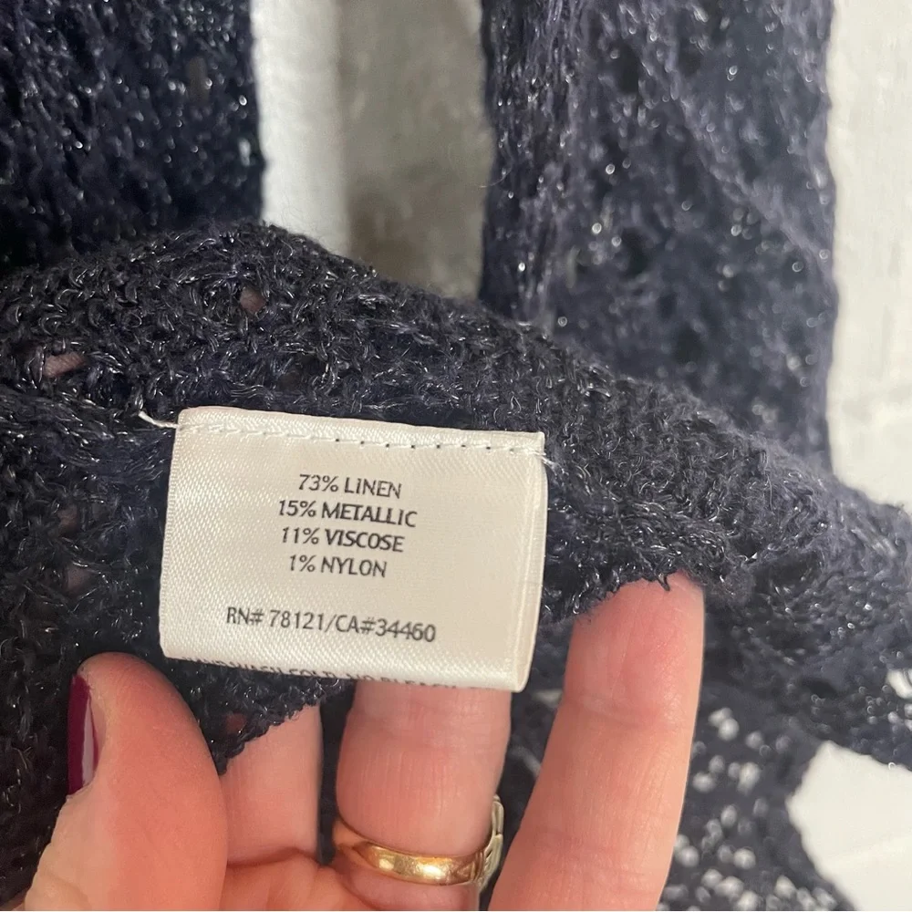 Eileen Fisher Open Front Crochet Cardigan‎ Linen Blend Blue Metallic Bohemian M - Picture 11 of 14